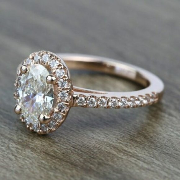 1.50 Ct Oval Diamond Halo Wedding Ring VVS1/D Moissanite Gemstone Rose Silver - Picture 2 of 3